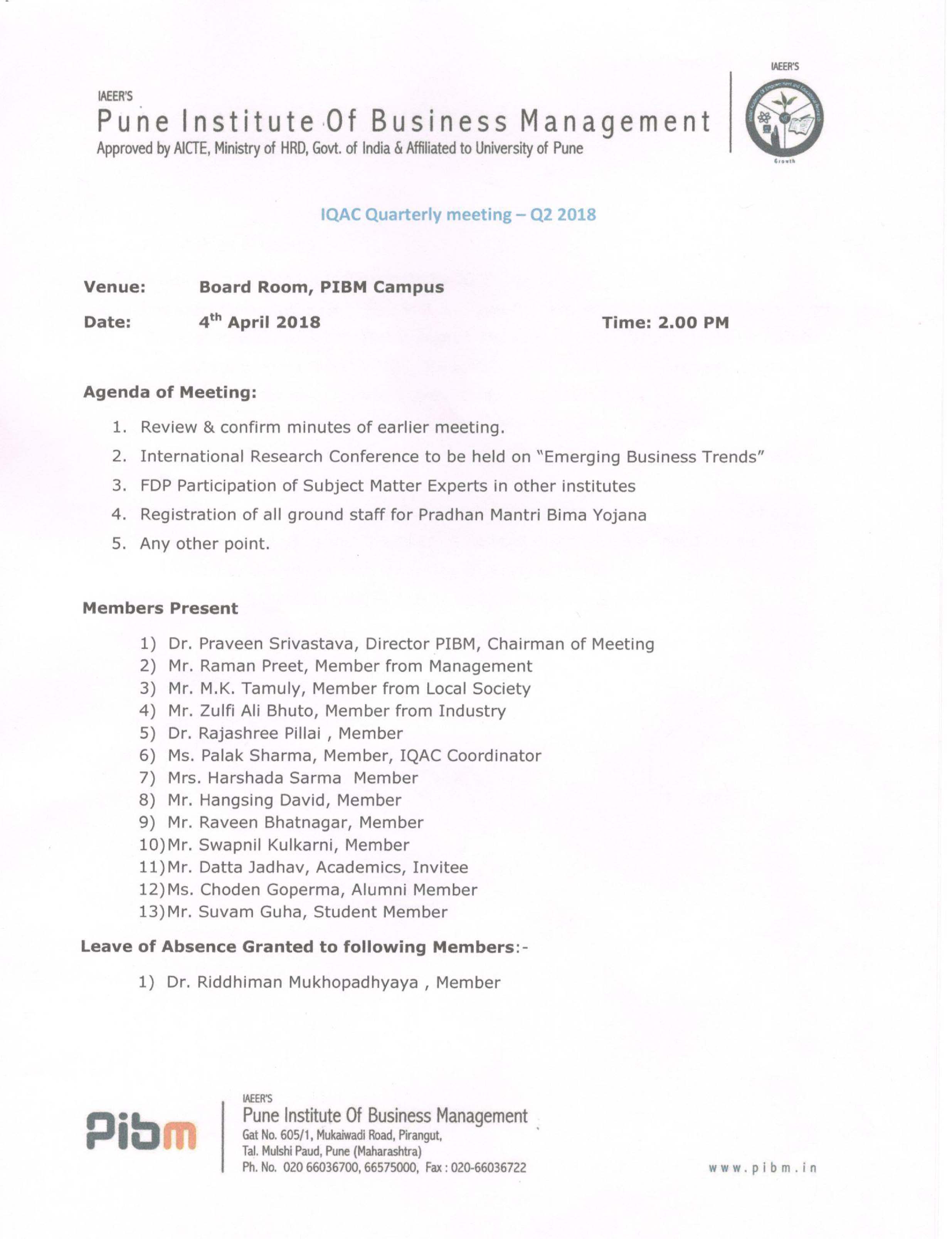 IQAC Meeting Q2 Apr 2018